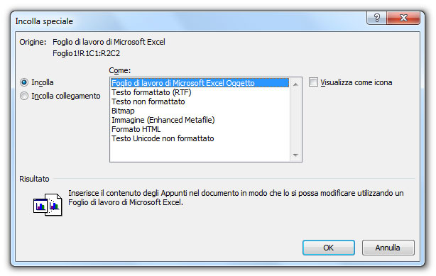 Figura 10: la finestra di dialogo Incolla speciale