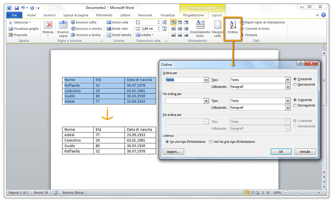 Figura 4: ordinare i dati in una tabella con la funzione Ordina 