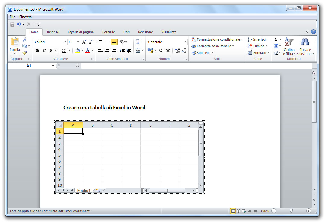 Figura 9: un foglio di lavoro di Excel aperto direttamente in Word 