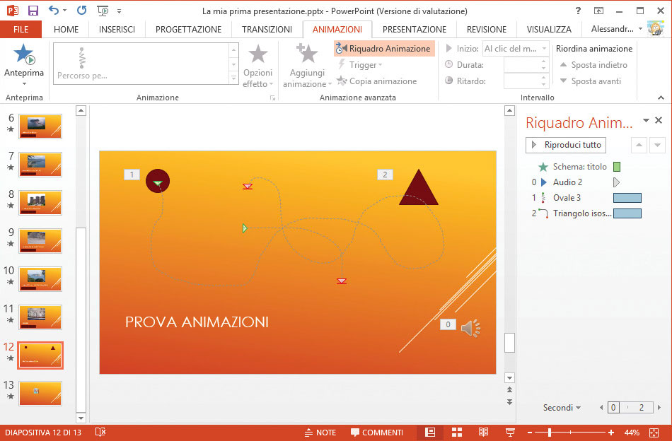 Figura 2: la diapositiva di esempio, con le due animazioni e il clip audio