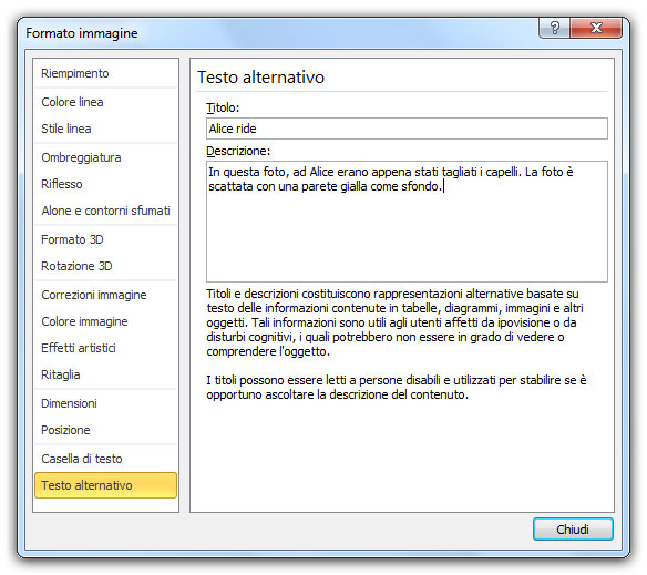 Figura 1: impostazione del testo alternativo per un'immagine 