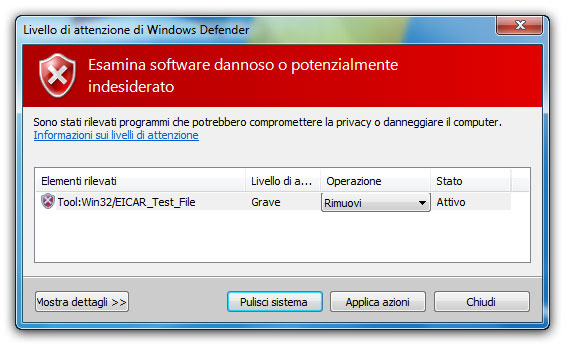 Figura 2: la finestra di avviso visualizzata quando Windows Defender trova uno spyware