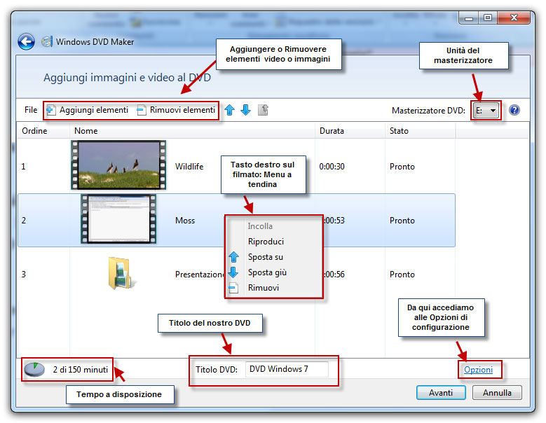 Figura 1: videata di Windows DVD Maker, che ci consente di aggiungere musica, immagini e video 