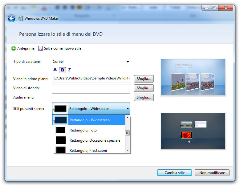 Figura 3: finestra per personalizzare lo stile del menu per il DVD da creare