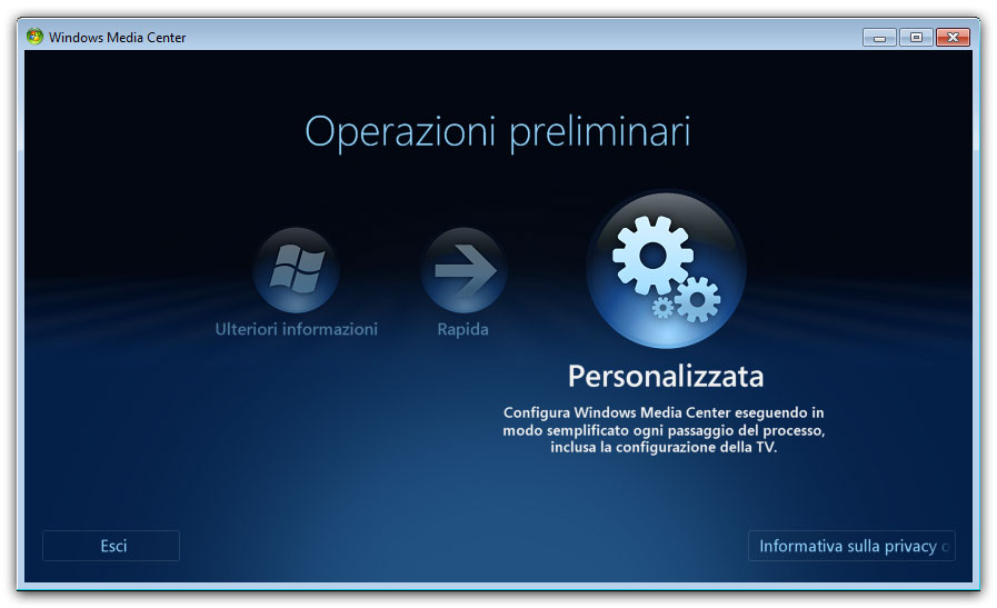 Figura 1: operazioni preliminari al primo avvio di Windows Media Center 