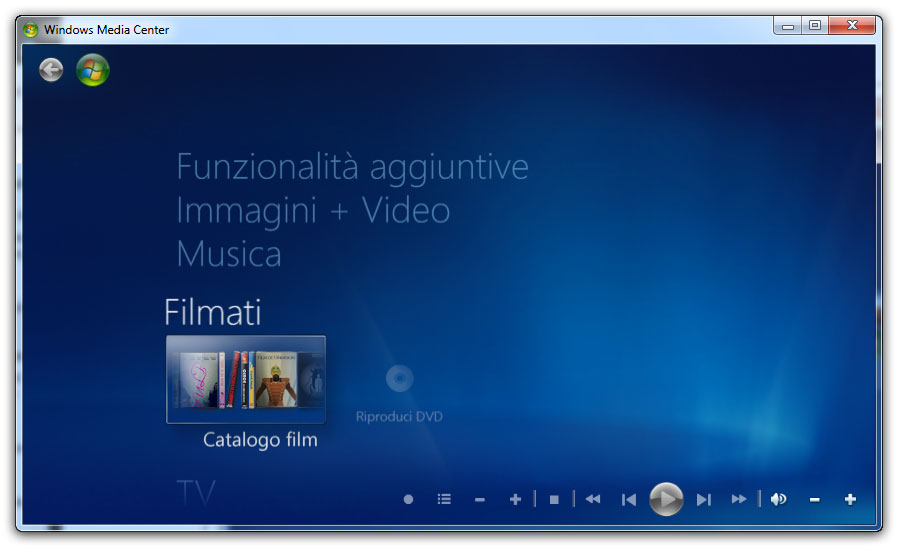 Figura 2: menu principale di Windows Media Center