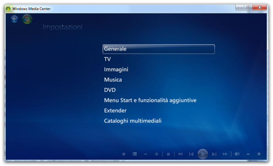 Figura 7: il menu delle Attività di Windows Media Center 