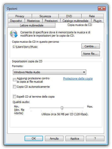 Figura 10: impostazioni per la copia di un CD