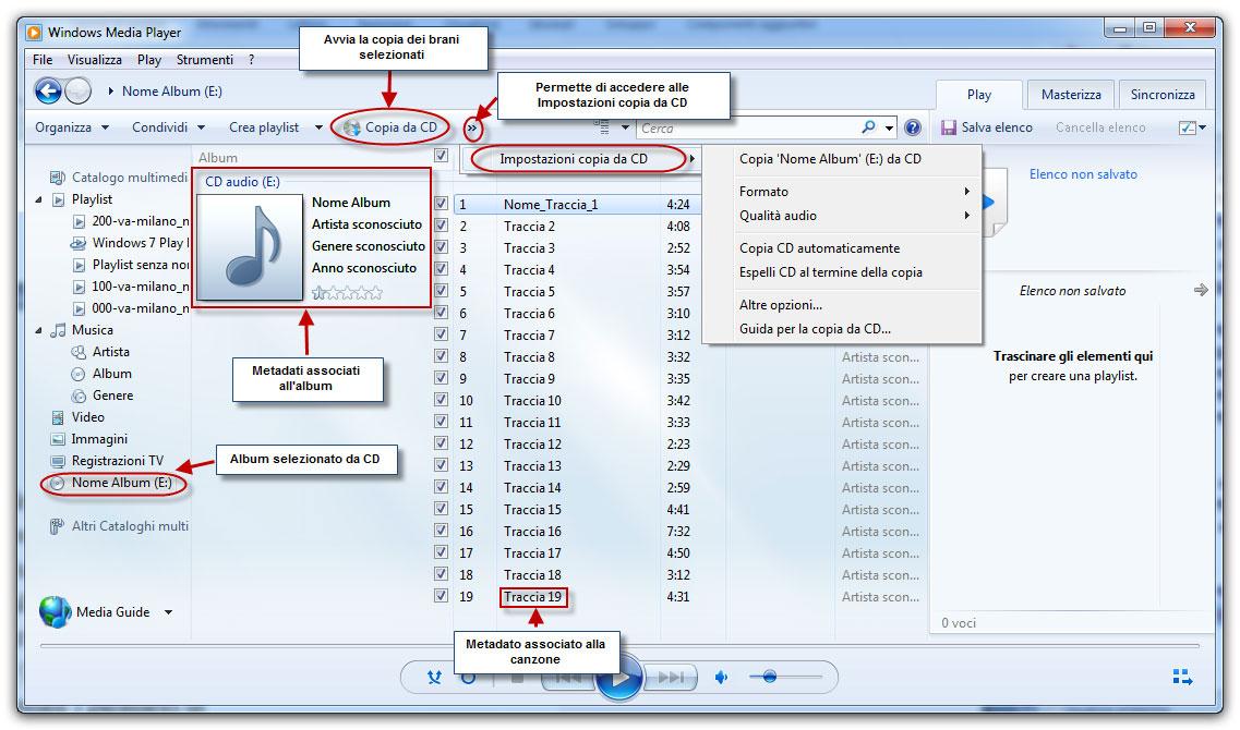 Figura 11: il processo di copia di un CD musicale attraverso l’utilizzo di Windows Media Player