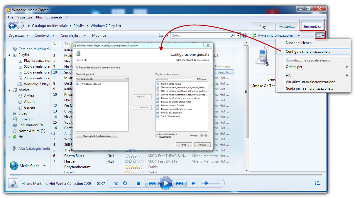 Figura 13: sincronizzazione e configurazione di un dispositivo USB in Windows Media Player