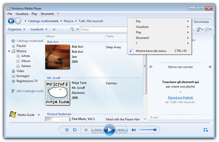 Figura 3: mostrare la barra dei menu in Windows Media Player 