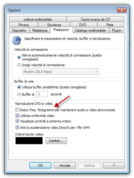 Figura 5: finestra per ottimizzare le prestazioni di riproduzione di Windows Media Player