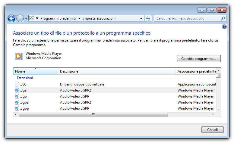 Figura 6: associazione dei file multimediali a Windows Media Player 