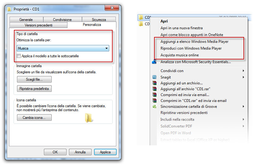 Figura 7: nell’immagine a sinistra stiamo impostando la cartella come cartella musicale; a destra possiamo notare le opzioni aggiuntive per interagire con Windows Media Player