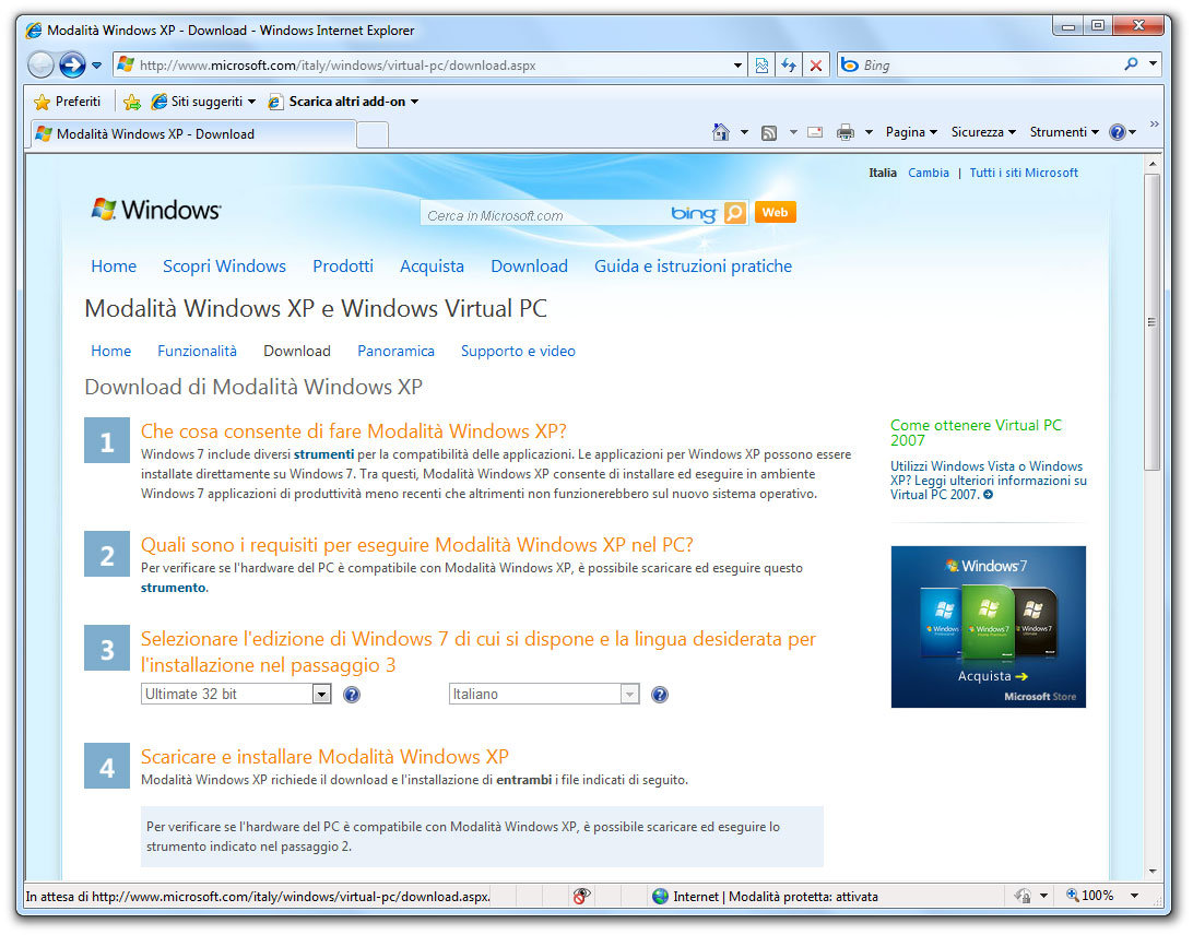 Figura 2: la pagina per il download di Windows XP Mode