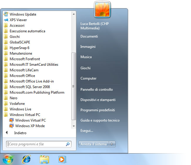 Figura 4: nel menu Start sono apparsi i collegamenti alla Modalità Windows XP e a Virtual PC