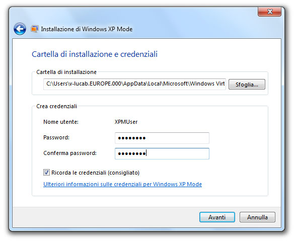 Figura 5: impostazione della password di accesso a Windows XP Mode