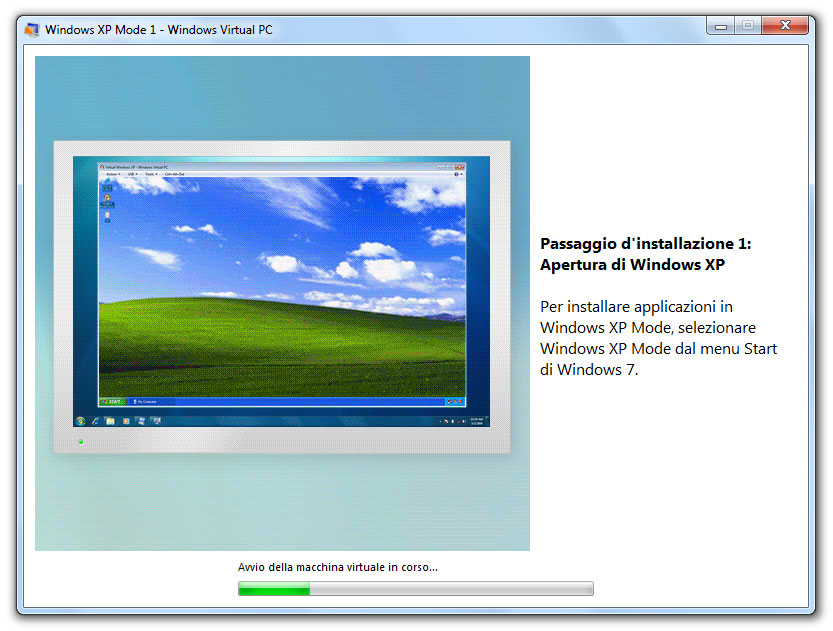 Figura 6: durante la configurazione di Windows XP Mode vengono mostrate le funzioni disponibili