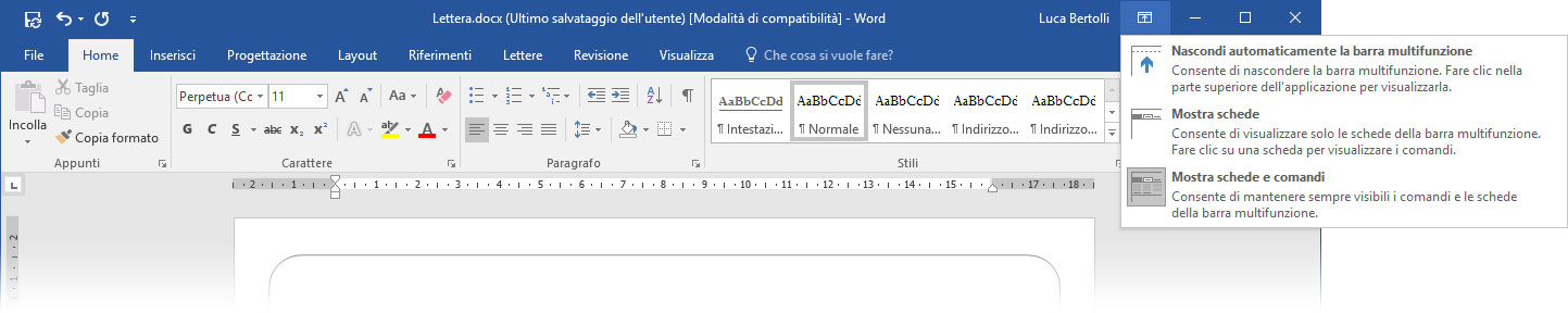 Figura 2: la barra del titolo di Office 2016