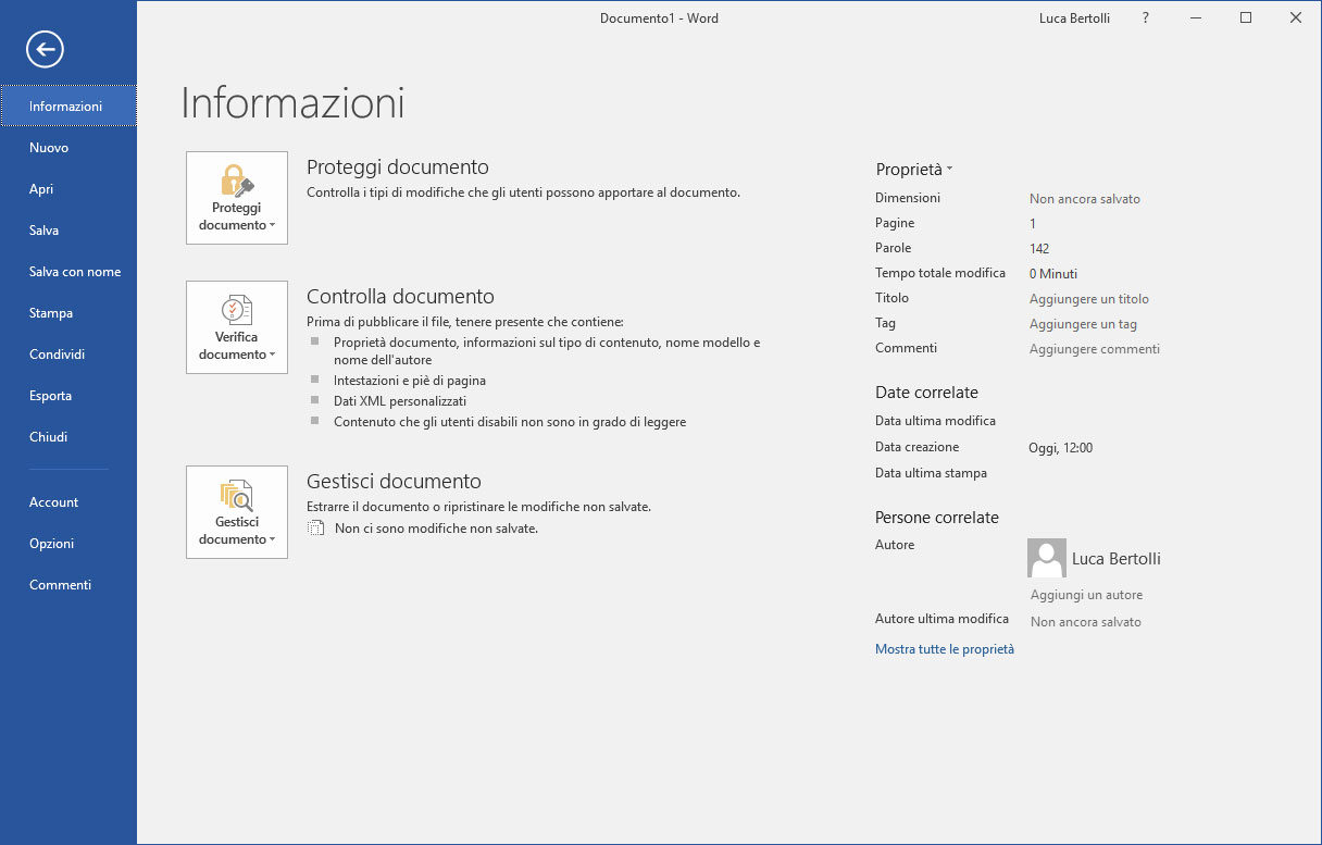 Figura 1: la vista bakstage di Office 2016, in questo caso di Word 2016