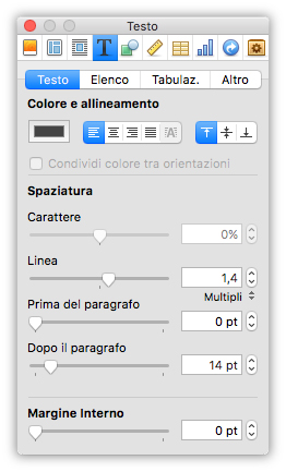 Figura 3: tramite la finestra Inspector è possibile modificare le opzioni del testo