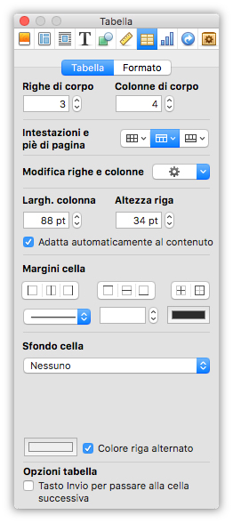 Figura 5: la palette Inspector consente di regolare le opzioni delle tabelle