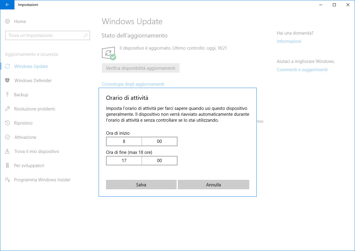 Figura 2: impostando l'orario in cui si usa normalmente il PC si evita di essere disturbati da Windows Update