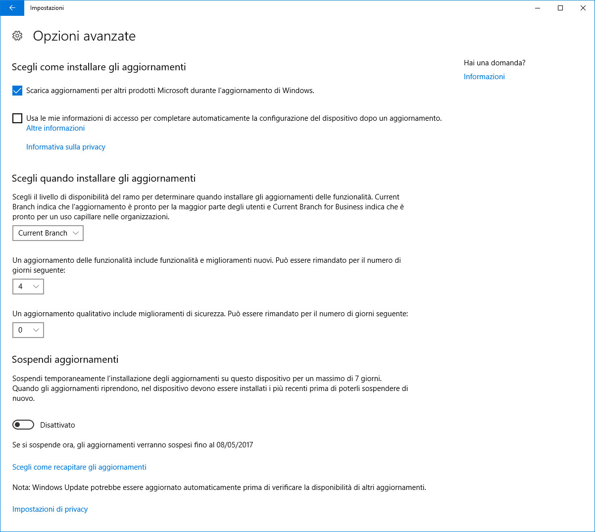 Figura 3: la finestra delle opzioni avanzate di Windows Update
