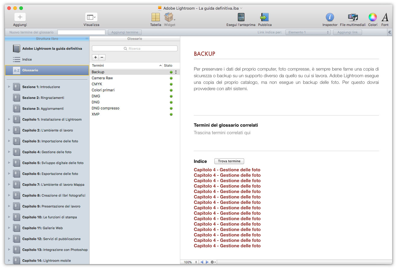 Figura 3: la finestra di iBooks Author per compilare le voci del glossario con tutte le voci inserite