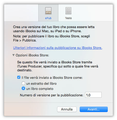 Figura 2: il pannello per l'esportazione del libro completo e dell'estratto da pubblicare su iBooks Store