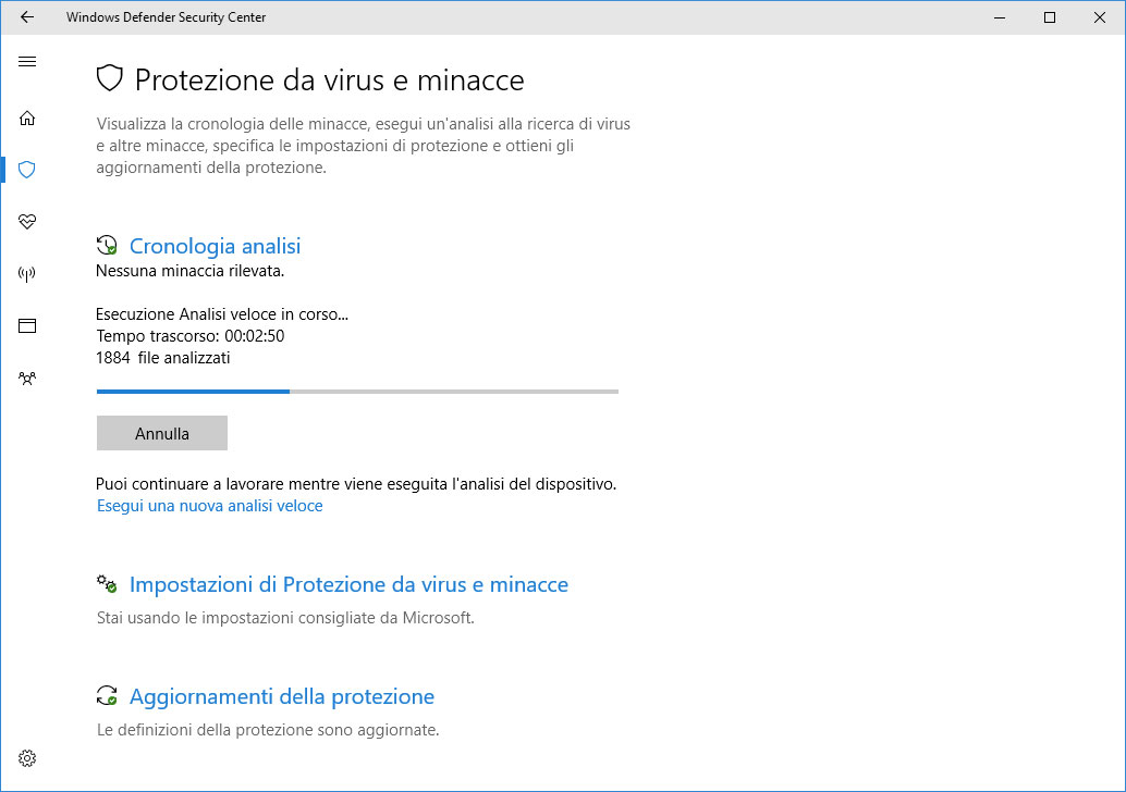 Figura 3: Windows Defender sta eseguendo la scansione del disco a caccia di minacce