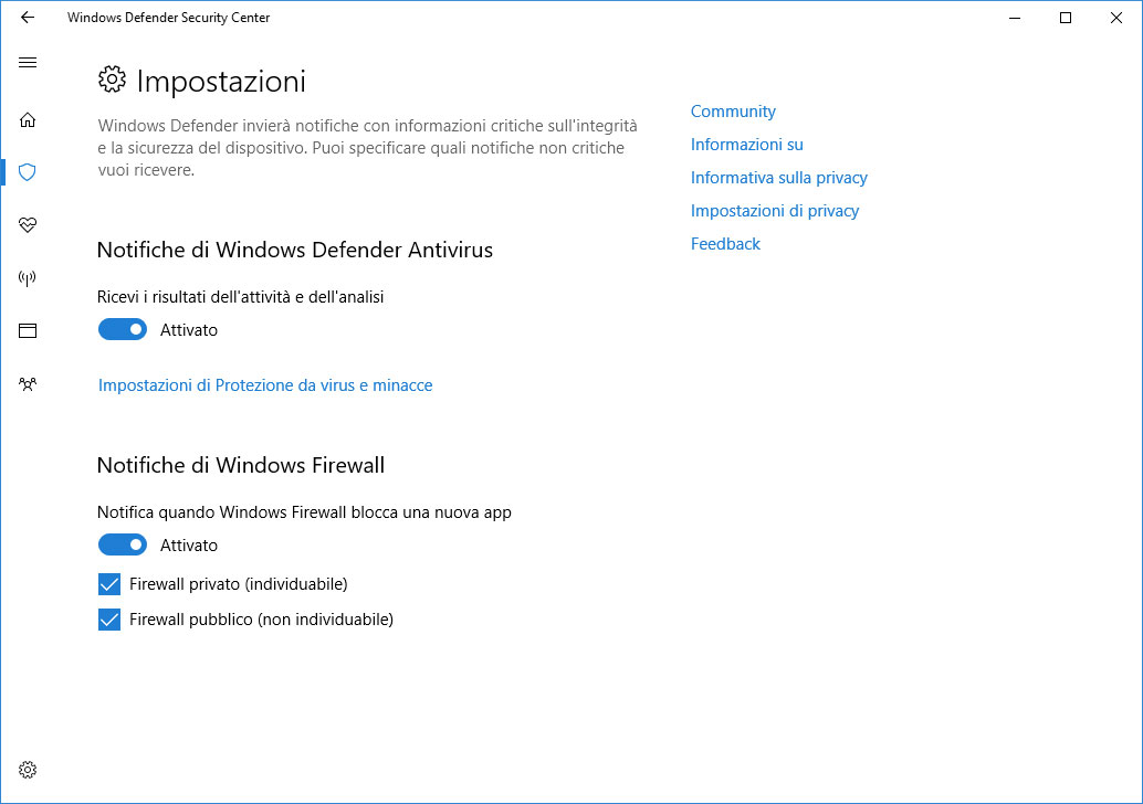 Figura 8: le impostazioni per le notifiche di Windows Defender