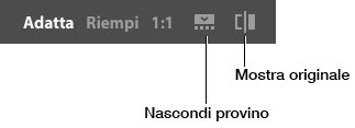 Figura 1: le icone Mostra originale, Nascond provino, 1:1, Riemi e Adatta