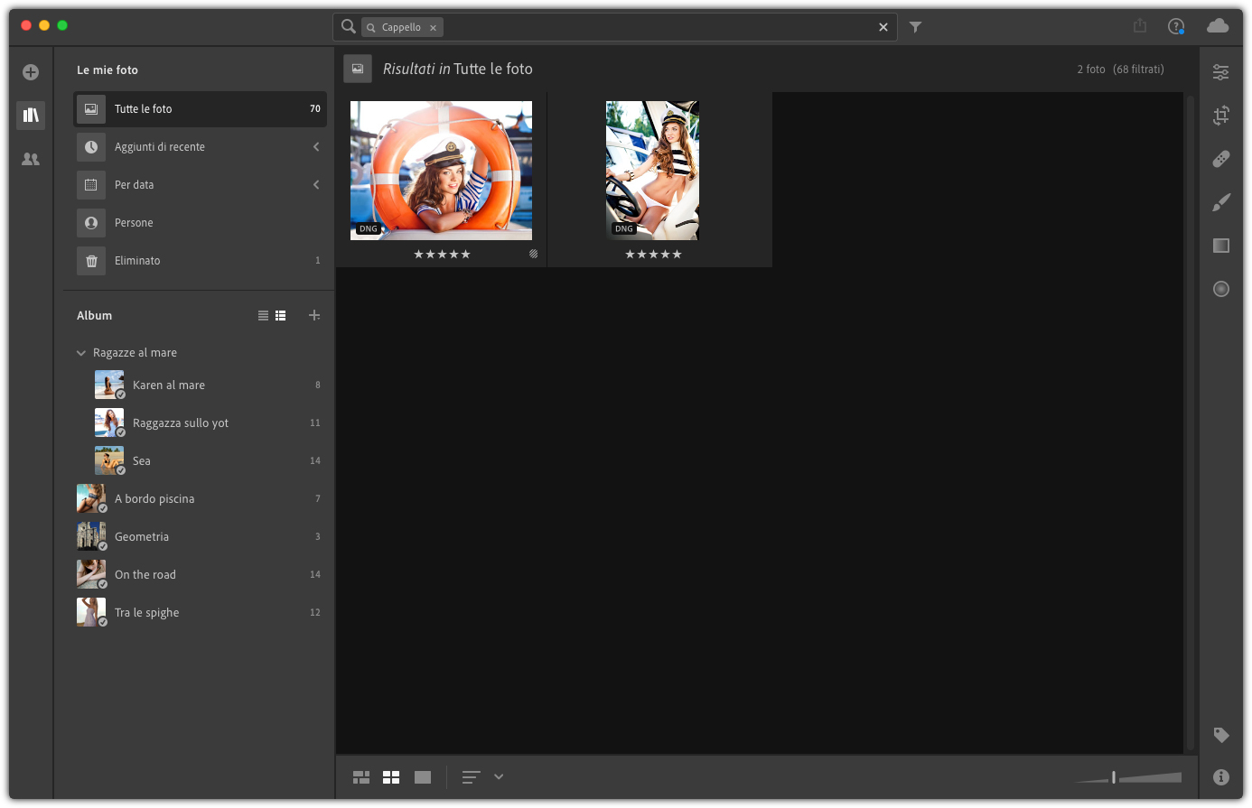 Figura 2: Lightroom CC con Adobe Sensei è riuscito in autonomia a trovare foto che contenevano la parola chiave scelta, sebbene questa non fosse stata impostata precedentemente